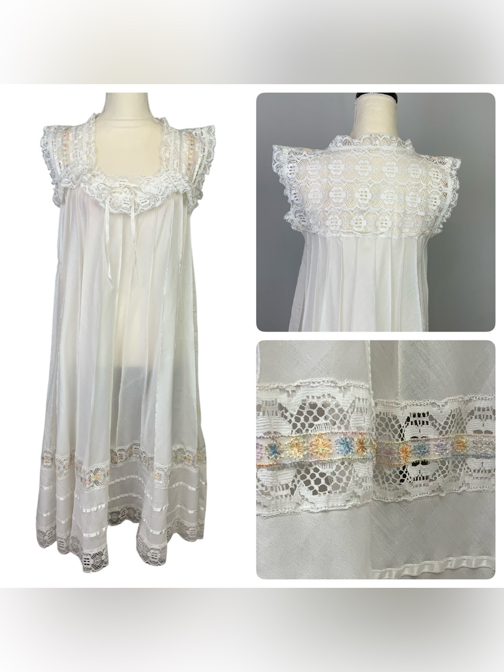 VTG White Prairie Lace Ribbon Ruffle Sheer Cottagecore Midi Dress Romantic